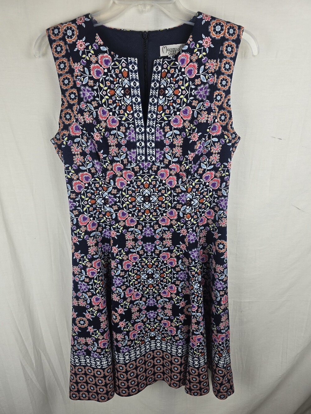 Maggie L Navy Floral Sleeveless Dress Sz 8